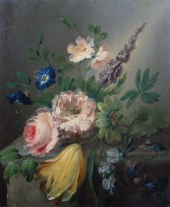 Stilleven van rozen, passiebloemen, een tulp en andere bloemen op een stenen richel door Jean Louis Prevost