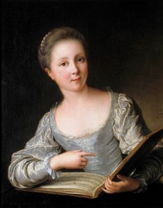Portret van een jonge vrouw die bladmuziek leest (1719)