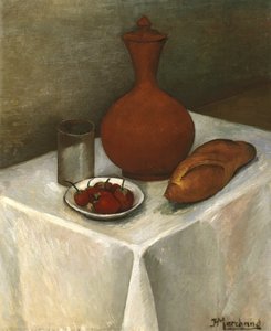 Stilleven met Aardewerken Kruik, Brood en Aardbeien