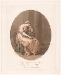 Penelope wenend met de boog van Odysseus in haar hand door Jean Marie Delattre