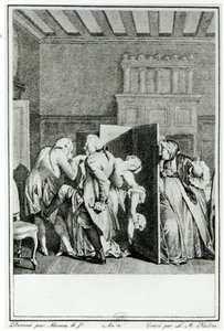 De baron... begroette Candide met enkele opmerkelijke schoppen op de achterste en dreef hem de deur uit, illustratie uit hoofdstuk 1 van Candide door François Voltaire (1694-1778) gegraveerd door Louis Michel Halbou door Jean Michel the Younger Moreau