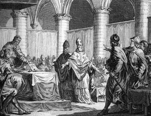 Invoering van kerkelijke tienden door Pepijn de Korte en Carloman (743). Gravure naar Moreau de jonge 18e-eeuwse gravure. Privécollectie.