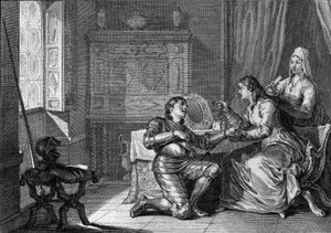 Een vrouw biedt een ridder een stoffen armband van haar haar aan als teken van liefde. 10e-11e eeuw. Gravure door Jean Michel Moreau, genaamd Moreau le Jeune (1741-1814) door Jean Michel the Younger Moreau