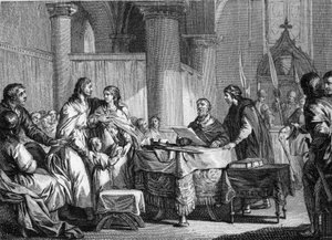 Abdicatie van Carloman (ca. 715-754), burgemeester van het paleis van Austrasië, ten gunste van zijn broer, Pepijn III genaamd Pepijn de Korte (714-768), 747. Gravure door Jean Michel Moreau, genaamd Moreau le Jeune (1741-1814) door Jean Michel the Younger Moreau
