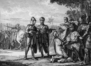 Slag bij Tertry, 687: winnaar van het leger van Neustrië, Pepijn de Jonge of Herstal (circa 653-714), prins van Austrasië, erkent de autoriteit van de koning van Neustrië Thierry III (657-691). Gravure door Jean Michel Moreau, genaamd Moreau le Jeune (1741 door Jean Michel the Younger Moreau