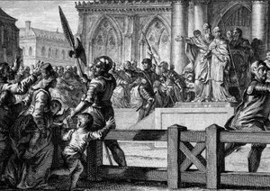 Karel de Grote (747-814) presenteert aan het volk zijn opvolger, zijn zoon Lodewijk van Aquitanië (Lodewijk I de Vrome, 778-840). Aken, 813. Gravure door Jean Michel Moreau, genaamd Moreau le Jeune (1741-1814)