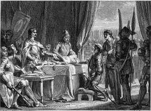 Karel Martel (688-741), koning van de Franken, verdeelt de goederen van de kerk onder zijn soldaten, 718. Gravure door Jean Michel Moreau, genaamd Moreau le Jeune (1741-1814)