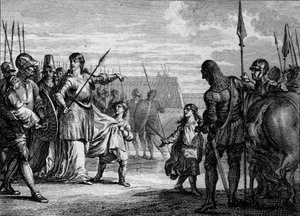 Karel Martel naar de gevangenis gestuurd, 714: Plectrude (ca. 650-717), weduwe van Pepijn van Herstal, stuurde de jonge Karel Martel (688-741) naar de gevangenis om hem van de macht te verwijderen. Gravure door Jean Michel Moreau, genaamd Moreau le Jeune ( door Jean Michel the Younger Moreau