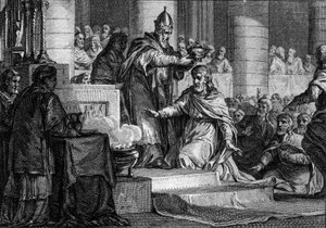 Kroning van Karel de Grote, 25 december 800: De koning der Franken (747-814) wordt tot keizer van het Westen gewijd door paus Leo III (750-816) in de Sint-Pieterskerk in Rome. Gravure door Jean Michel Moreau, genaamd Moreau le Jeune (1741-1814) door Jean Michel the Younger Moreau
