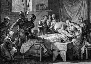 Dood en opvolging van Karel II de Kale: de koning overhandigde de keizerlijke kroon, zijn gouden scepter, het zwaard van Sint-Pieter en een testament waarin hij zijn zoon Lodewijk de Stamelaar als erfgenaam aanwees. Gravure door Jean Michel Moreau door Jean Michel the Younger Moreau
