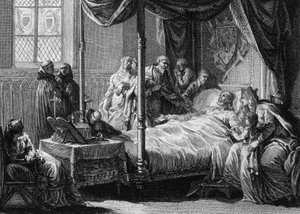 Dood van Dagobert I (602/605-638), koning van de Franken, in aanwezigheid van zijn vrouw, koningin Nantilde (ca. 610-642) en zijn zoon, de toekomstige Clovis II (ca. 635-657). Gravure door Jean Michel Moreau, genaamd Moreau le Jeune (1741-1814) door Jean Michel the Younger Moreau