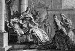 Emma van Frankrijk (894-934), zus van Hugo de Grote (897-956), knielt aan haar voeten. Getrouwd met Raoul van Bourgondië (of Rodolphe, 890-936), besloot ze, op verzoek van haar broer, de kroon van Frankrijk aan haar man te geven, verklarend 