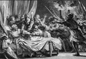 Einde van de Karolingische dynastie, 988: arrestatie van Karel (953-991), hertog van Neder-Lotharingen, door Hugo Capet (941-996) en zijn leger. Gravure door Jean Michel Moreau, genaamd Moreau le Jeune door Jean Michel the Younger Moreau
