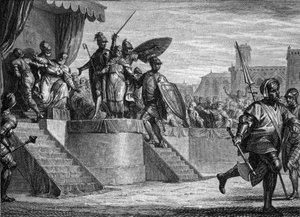 Einde van de Merovingische dynastie, 751: afzetting van koning Childerik III (ca. 714-754) door Pepijn de Korte (714-768). Gravure door Jean Michel Moreau, genaamd Moreau le Jeune (1741-1814) door Jean Michel the Younger Moreau