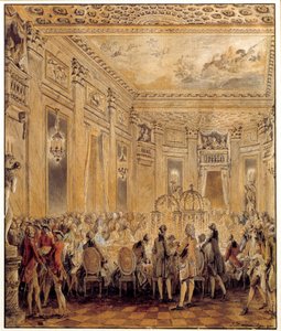 Feest gegeven door Jeanne Becu, gravin van Barry, minnares van Lodewijk XV, in het kasteel van Louveciennes door Jean Michel the Younger Moreau
