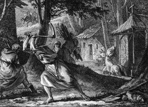 Kluizenaars die in een gemeenschap leven in een Frans bos, eind 11e-begin 12e eeuw. Gravure door Jean Michel Moreau, genaamd Moreau le Jeune (1741-1814). door Jean Michel the Younger Moreau