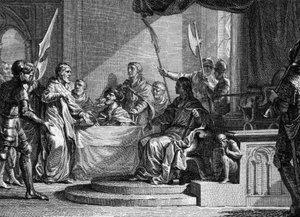 Interregnum van Karel Martel, 737: Karel Martel, burgemeester van het paleis, interregnum na de dood van Thierry IV (713-737). Gravure door Jean Michel Moreau, genaamd Moreau le Jeune (1741-1814)