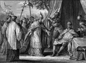 Interview tussen Paus Gregorius IV (overleden 844) en Lodewijk I de Vrome (778-840), in 833, om het geschil tussen de koning en zijn zonen, Lotharius, Pepijn en Lodewijk, te beslechten. Gravure door Jean Michel Moreau, genaamd Moreau le Jeune (1741-1814) door Jean Michel the Younger Moreau