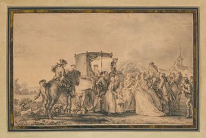 Marie Antoinette, die haar koets verlaat en omringd wordt door haar gevolg, troost een boer