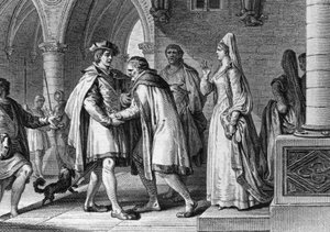 Filips I (1052-1108), koning van de Franken, bezoekt het hof van de graaf van Anjou, Foulques le Rechin (1042-1109). Deze reis is een voorwendsel om zijn huwelijk met Bertrade de Montfort (ca. 1070-1118), vrouw van de graaf, te regelen. 1095. Gravure door  door Jean Michel the Younger Moreau