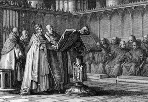 Robert II de Vrome, koning van de Franken, zingt tijdens een religieuze dienst voor een lessenaar. Hij draagt zijn kroon en houdt zijn scepter vast. Gravure door Jean Michel Moreau, genaamd Moreau le Jeune door Jean Michel the Younger Moreau