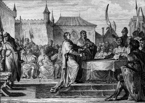 Opvolging van Pepijn de Korte, 768: een vergadering besloot het koninkrijk te verdelen tussen zijn twee zonen, Karel de Grote (747-814) en Carloman (ca. 751-771), waardoor de regelingen van Pepijn de Korte werden doorbroken. Gravure door Jean Michel Moreau door Jean Michel the Younger Moreau