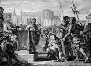 Tassilon III (Tassilo, 742-794), hertog van Beieren, buigt voor Karel de Grote (747-814), koning der Franken, in Ingelheim, 788. Hij werd veroordeeld voor verraad en ter dood veroordeeld maar eindigde zijn leven in een klooster. Gravure door Jean Michel Mo door Jean Michel the Younger Moreau