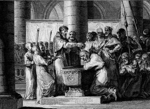 Oorlog tegen de Saksen, 785: doop van Witikin van Saksen (of Widukind, Wittekind). Verslagen door het leger van Karel de Grote, stemde de leider van de Saksen ermee in zich tot het katholicisme te bekeren. Gravure door Jean Michel Moreau, genaamd Moreau le door Jean Michel the Younger Moreau