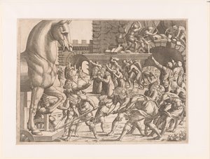 Binnenhalen van het paard van Troje door Jean Mignon (attributed to)