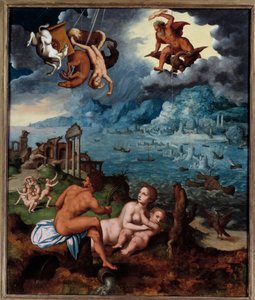 De val van Phaeton Phaeton (Phaethon), niet in staat om de tank van Helios te beheersen, werd getroffen door Zeus en viel in de Eridanus Rivier. Schilderij door Claude Mignon (1535-1555) 16e eeuw Rouen, Musee des Beaux Arts