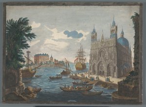 Gezicht op een gotische kathedraal aan het water door Jean Moyreau