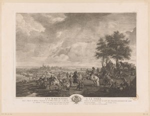 Landschap met paardenhandelaren op een markt door Jean Moyreau