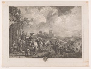 Reizigers voor een herberg door Jean Moyreau