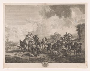 Rustend jachtgezelschap bij een fontein door Jean Moyreau