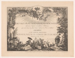 Titelprent met figuren en dieren in een landschap, met het portret van Philips Wouwerman door Jean Moyreau