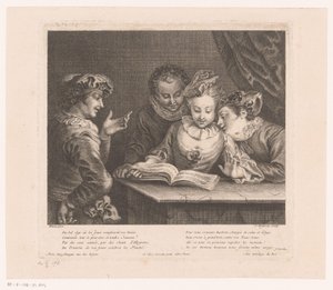 Zingende jonge vrouw en drie jongemannen aan een tafel