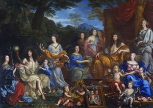 Frans: Portrait mythologique de la famille de Louis XIV Mythologisch portret van Louis XIV en de koninklijke familie