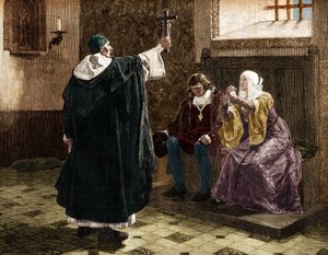 De grote Spaanse inquisiteur, Fray Tomas de Torquemada (1420-1498), tussen de katholieke koningen Ferdinand II en Isabella I van Castilië