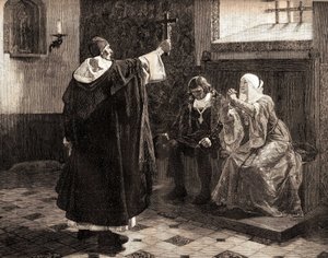 De grote Spaanse inquisiteur, Fray Tomas de Torquemada (1420-1498), tussen de katholieke koningen Ferdinand II van Aragon en Isabella van Castilië door Jean Paul (after) Laurens