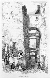 Een straat in Bastia. Corsica. Gravure door Laurens. door Jean Paul Laurens