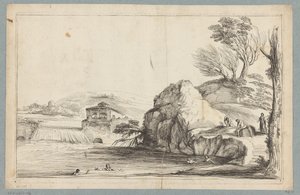 Landschap met zwemmers bij een kleine waterval door Jean Pesne