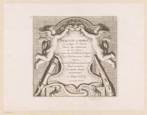 Titelprent met twee putti en de attributen van Hercules door Jean Pesne