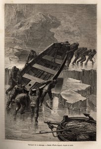 Na de vernietiging van hun geïmproviseerde kamp, droeg de bemanning van La Hansa de boten en het materiaal dat van hun schip was teruggevonden, van de ene ijsberg naar de andere, om de expeditie voort te zetten en hulp te vinden bij een eskimokamp, gravure door Jean Pierre Moynet
