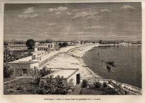 Chandernagor (hedendaags Chandannagar, in West-Bengalen), aan de oevers van de Ganges, gravure naar de tekening van J.Moynet, ter illustratie van de reis in India van de Rajahs, in 1864-1868, door Louis Rousselet, gepubliceerd in 