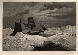 Het slepen van het Duitse schip La Hansa, door zijn bemanning, om een ijsbarrière over te steken naar bevaarbare wateren, gegraveerd naar de tekening van J. Moynet, ter illustratie van de reis van de schepen La Germania en La Hansa naar de Noordpool in 186