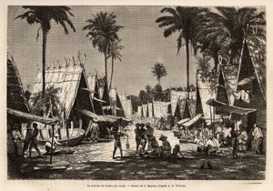 De mars van Dobbo, op het eiland Arou, een havencentrum, geanimeerd door vele kooplieden en scheepsbouw, gegraveerd naar de tekening van J. Moynet, ter illustratie van de reis naar de Maleisische archipel in 1854-1862, door Alfred Russell Wallace (1823-191 door Jean Pierre Moynet