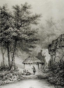 Jean-Jacques Rousseaus (1712-78) Hut in Ermenonville, 1842 door Jean Pierre after Thenot