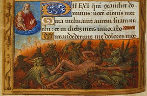 Getijdenboek, Detail: Dives gekweld door demonen en bekeken door de ziel van Lazarus, ca. 1500