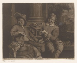 Twee mannen op een bank met verschillende objecten