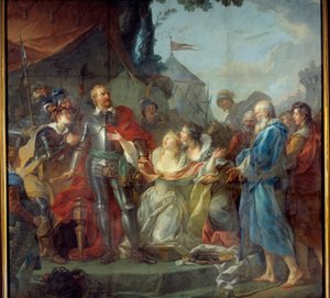 Het beleg van Calais in 1347 was de toewijding van Eustache van Saint Peter, de bekendste van de zes burgers van Calais, die naar de koning van Engeland Edward III ging om genade te vragen voor de inwoners van Calais (augustus 1347). Schilderij door Jean S